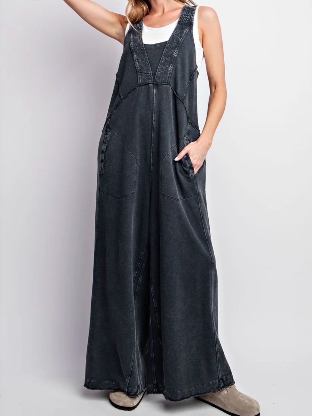 EASEL L charcoal washed terry knit sleeveless jumpsuit, oversized and wide leg - Picture 2 of 12